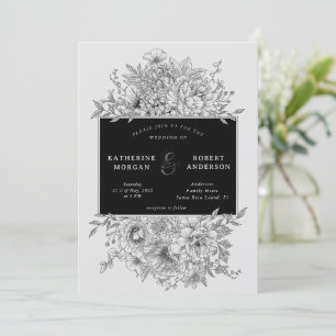 convite para o casamento floral elegante e preto