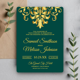 Convite para o Casamento tema damasco Dourado Verd