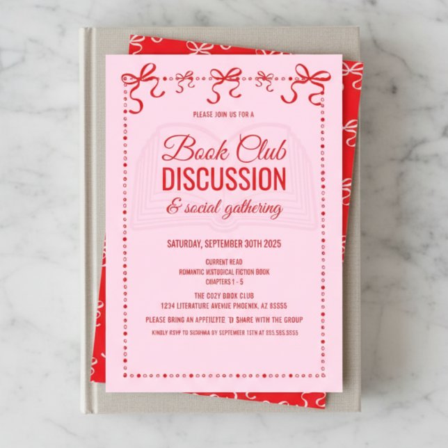 Convite para o Clube do Livro Rosa Coquette (red and pink hand drawn doodle book club theme party invitation with coquette bows and script font)