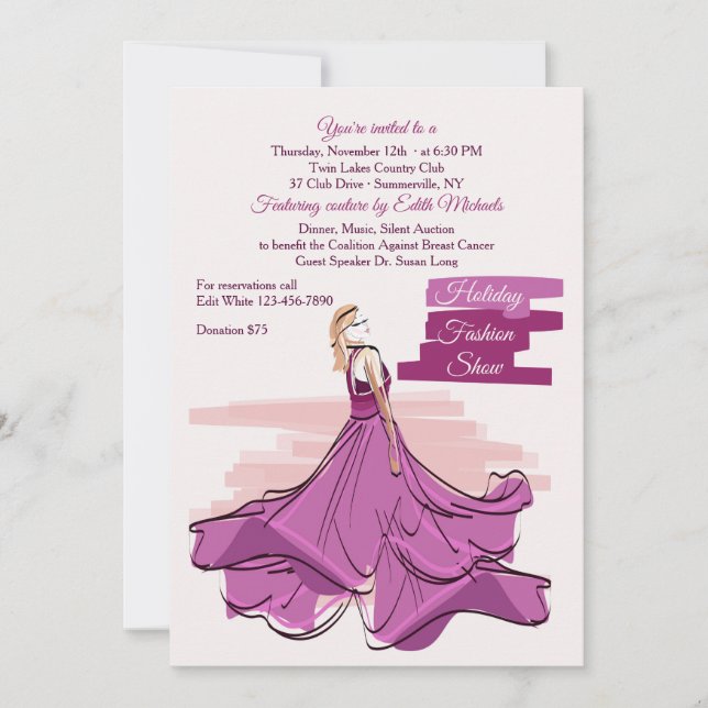 Convite para o Desfile de Moda com Vestido Violeta (Frente)