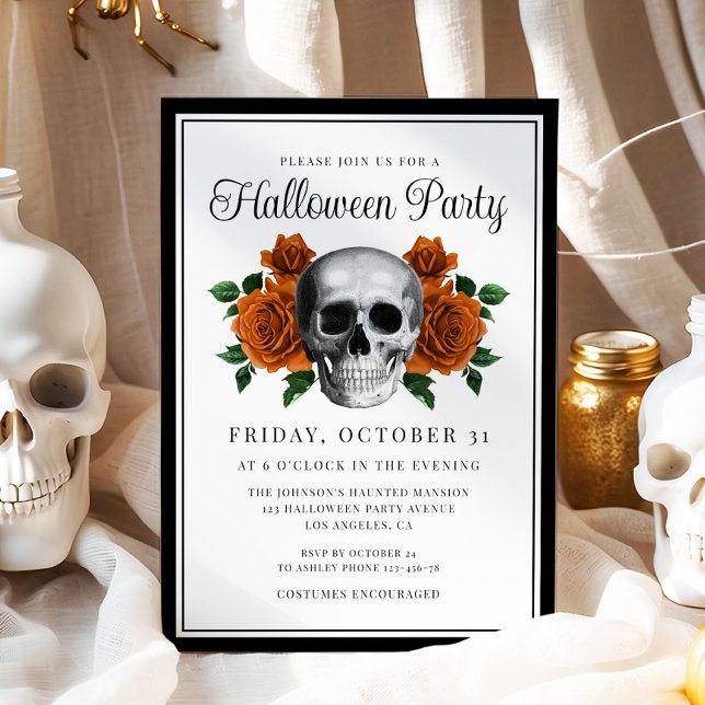 Convite para o Dia das Bruxas do Caveira Floral Gó (Gothic Floral Skull Halloween Invitation)
