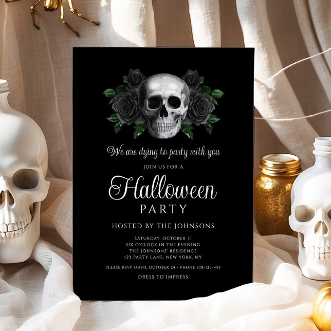 Convite para o Dia das Bruxas do Caveira Preto Gót (Gothic Black Floral Skull Halloween Invitation)