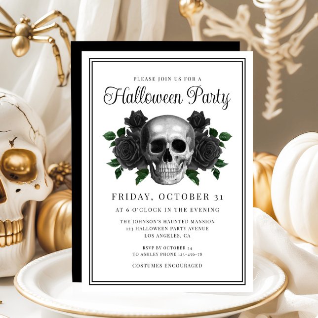 Convite para o Dia das Bruxas do Chão Floral Elega (Elegant Gothic Floral Skull Halloween Invitation)