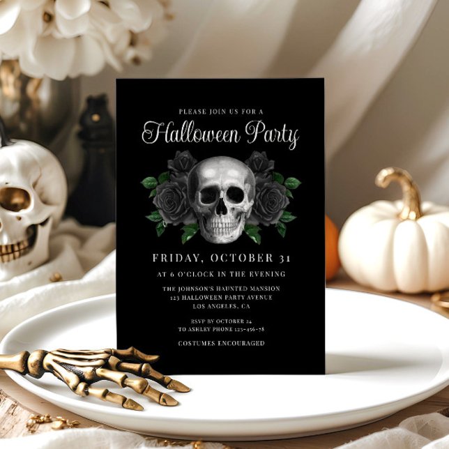 Convite para o Dia das Bruxas do Crânio Floral Neg (Black Gothic Floral Skull Halloween Invitation)