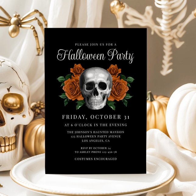 Convite para o Dia das Bruxas do Crânio Floral Neg (Black Gothic Floral Skull Halloween Invitation)