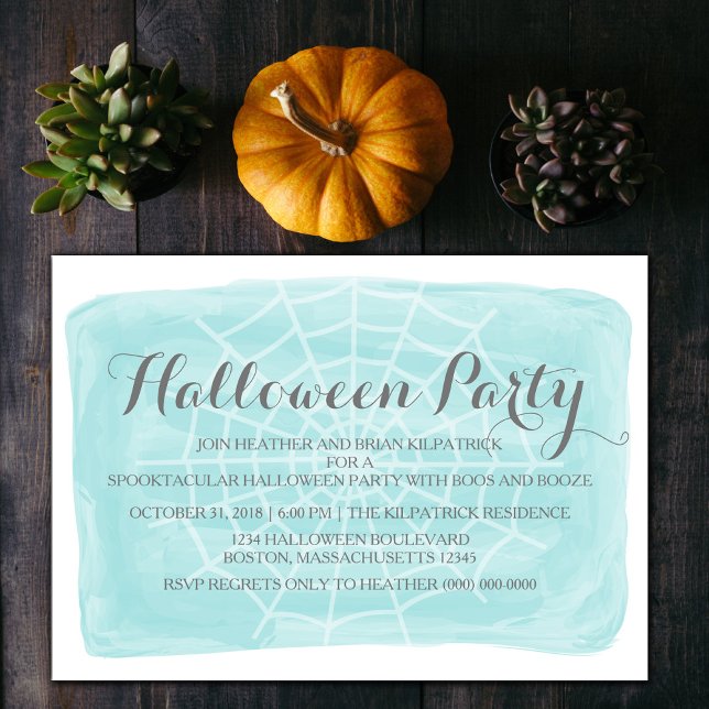 Convite para o Festa de Halloween do Aqua Watercol (Aqua Watercolor Spiderweb Halloween Party Invite)