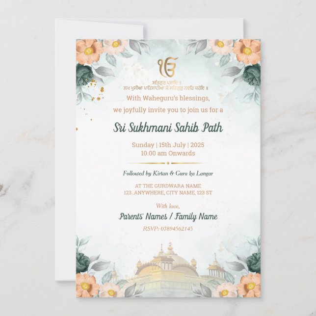 Convite para o Floral Sri Sukhmani Sahib Path (Frente)