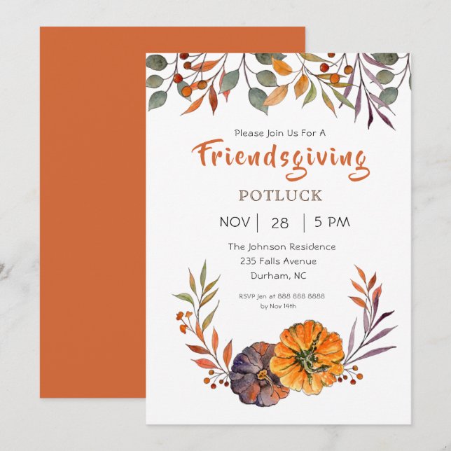 Convite para o Friendsgiving de folhas de outono e (Frente/Verso)