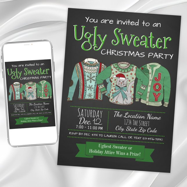 Convite para o giz de natal de suor feio (Ugly sweater Christmas party invitation. Instant download and printed invitations available.)