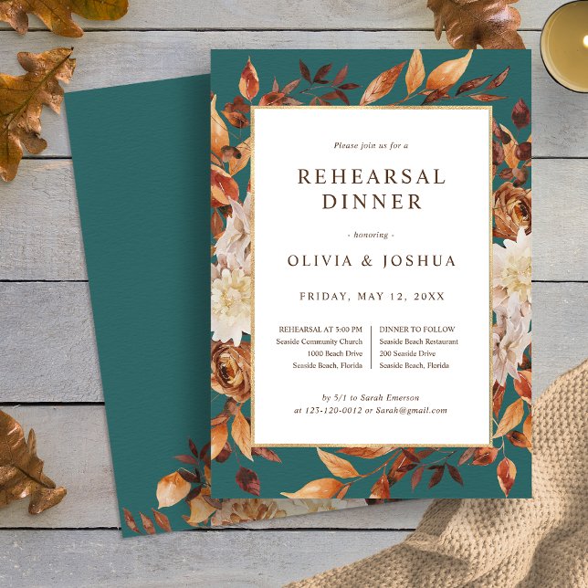 Convite para o Jantar de Ensaios do Outono Teal (Elegant Fall Leaves Teal Rehearsal Dinner Invitation by Painted Paperie
)