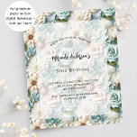 Convite para o orçamento floral verde de aniversár<br><div class="desc">Flores verdes e brancas poeirentas como fundo. Personalize e adicione um nome e detalhes da parte.</div>