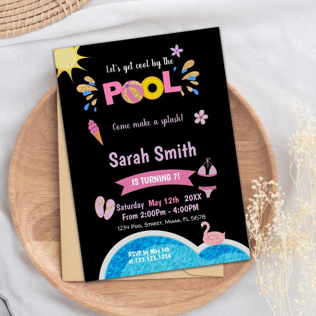 Convite para o Partido da Natação de Verão Moderno (Purple Black Pool Birthday Invitations)