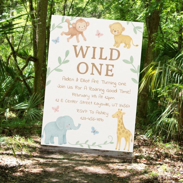 Convite para o Primeiro Aniversário da Selva Selva (Wild One jungle-themed first birthday invitation design with tropical safari elements.)