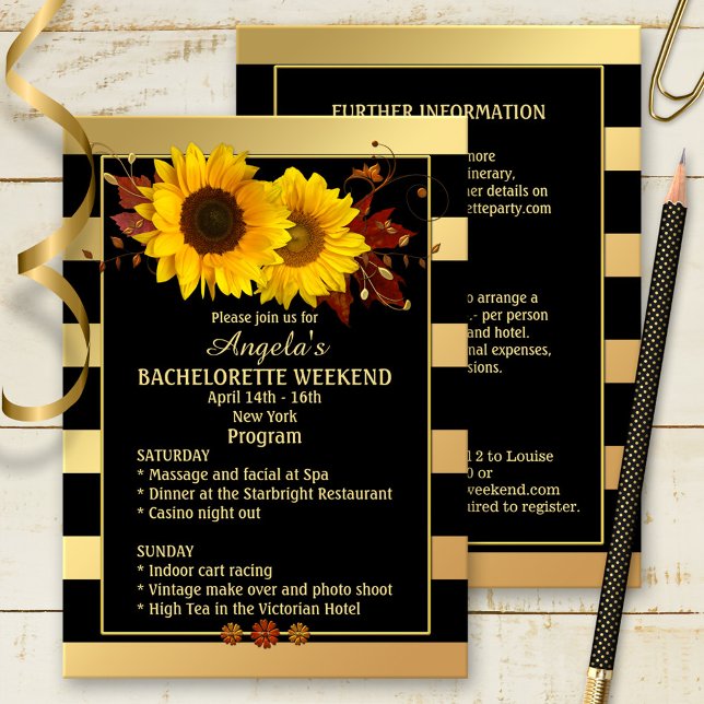 Convite para o Programa de Fim de Semana do Sunflo (Bachelorette weekend getaway invitation program template with sunflowers)