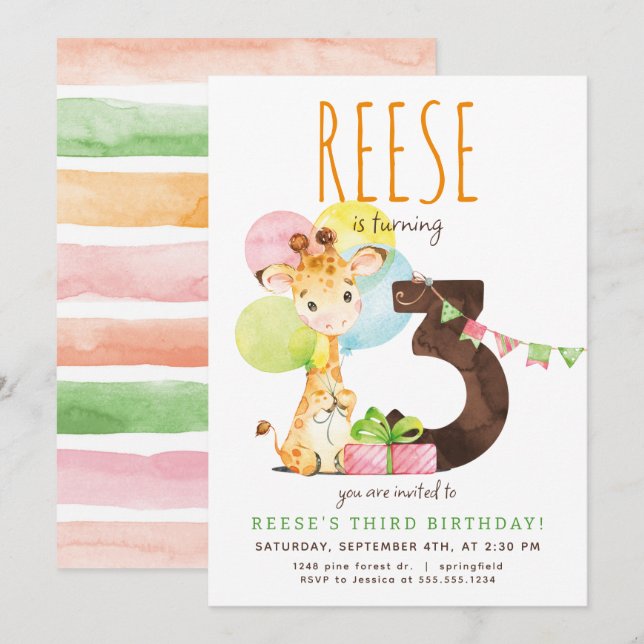 Convite para o terceiro aniversário da Giraffe (Frente/Verso)