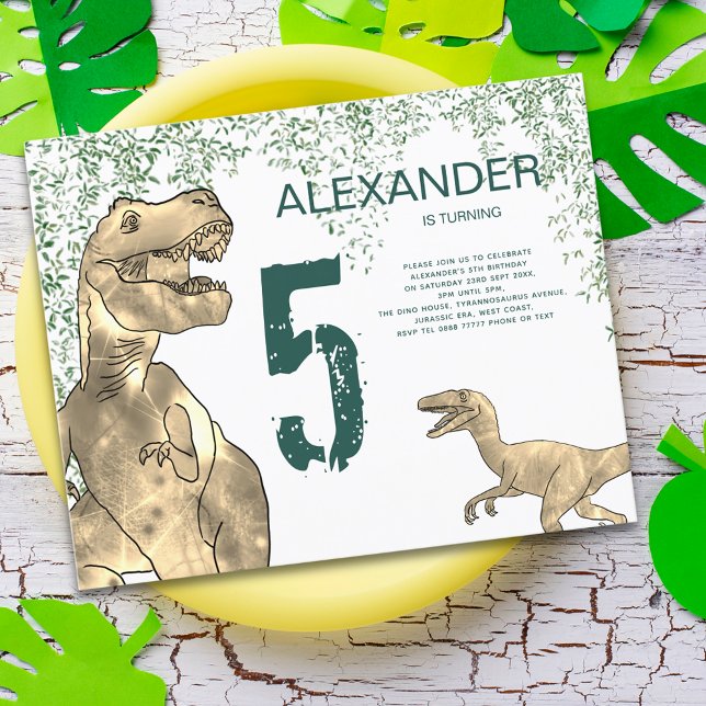 Convite para orçamento de Festa de aniversário do  (Dinosaur 5th birthday party budget invitation with T-Rex and velociraptor dino watercolor )