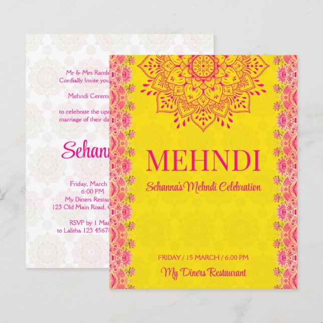 Convite para orçamento Mehndi amarelo brilhante do (Frente/Verso)
