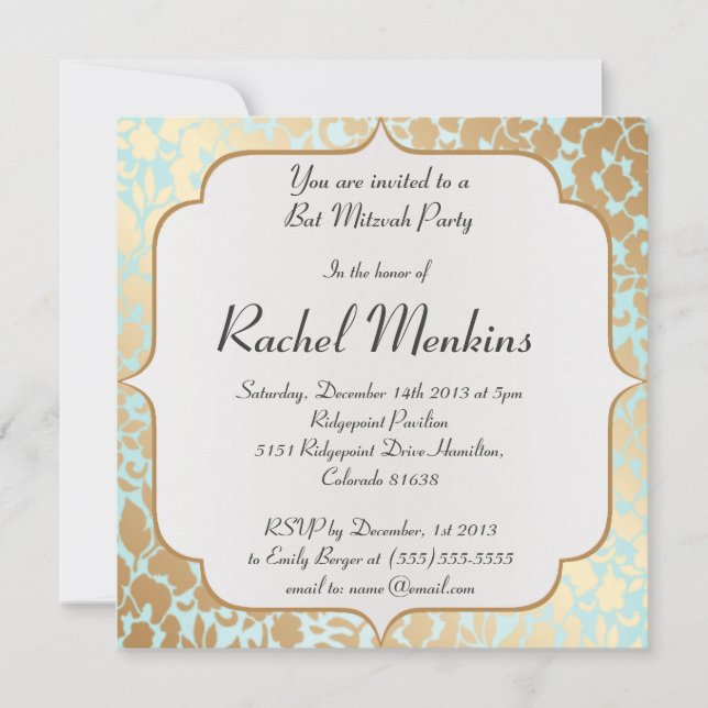 Convite para Ouros Metálicos Aqua Bat Mitzvah (Frente)