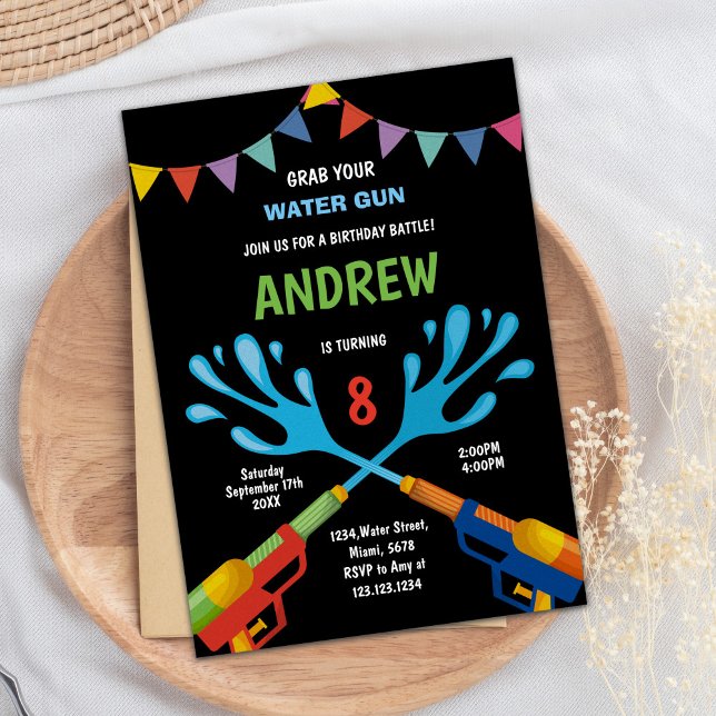 Convite para Partido de Abertura de Verão Editável (Blue Red Water Gun Invitations)