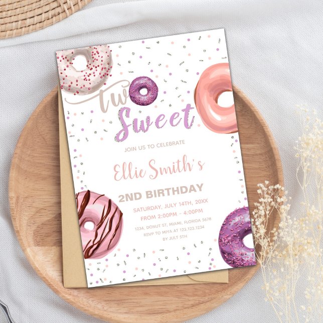 Convite para Partido de segundo aniversário Rosa E (Two Sweet Pink Donut Birthday Invitations)