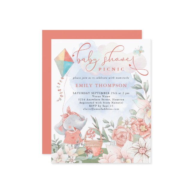 Convite para picnic de Chá de fraldas Florals de E (Frente/Verso In Situ)