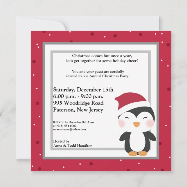 Convite para Pinguins de Chapéu de Natal 5x5 (Frente)