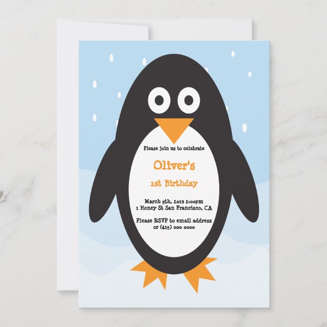 Convite para pinguins perfeito para um aniversário (Frente)