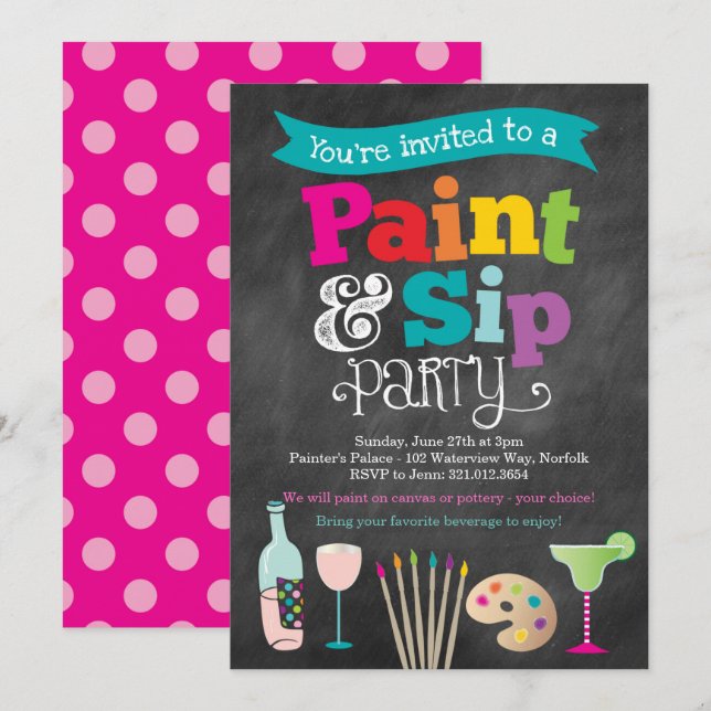Convite para Pintura e Festa de Vinho Paint and Si (Frente/Verso)