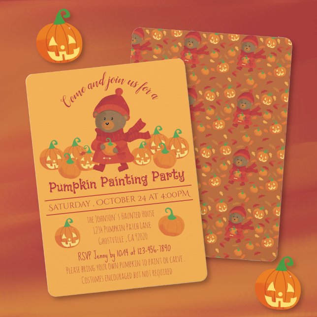 Convite para Pintura/Gravura de Abóbora de Hallowe (Cute Halloween invitation for a pumpkin painting or carving party . )