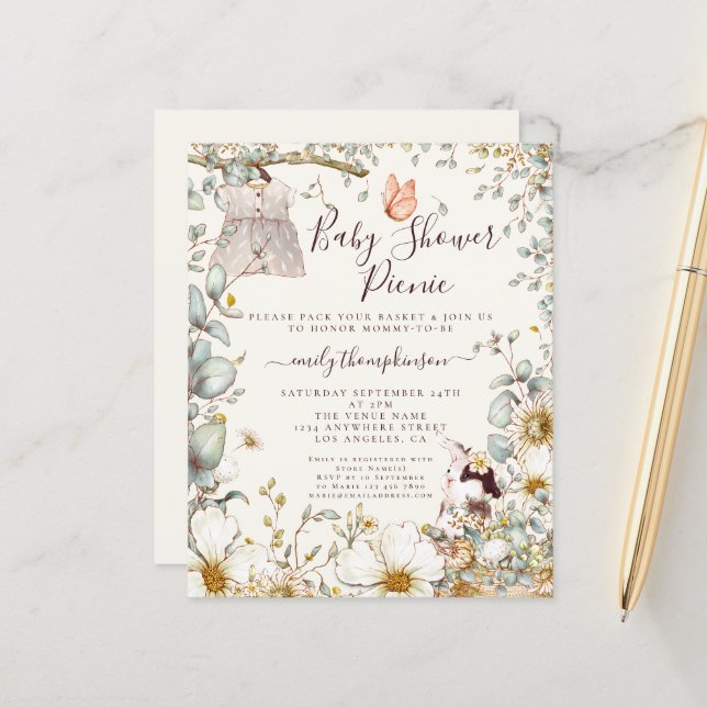 Convite para piquenique Chá de fraldas de moça de  (Frente/Verso In Situ)