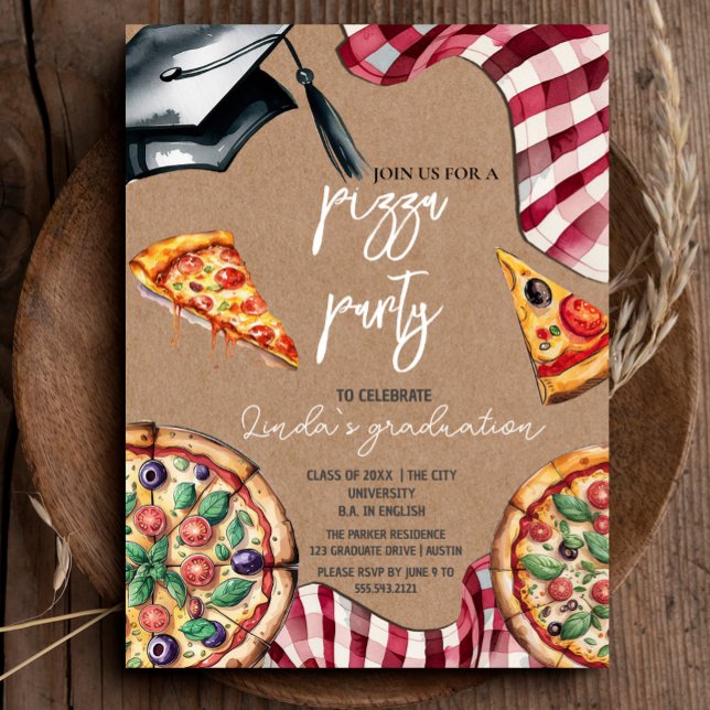 Convite para Pizza de Graduação por Aquarela Elega (Elegant Watercolor Graduation Pizza Invitation #craftpaper #zazzlemade #kraftpaper #watercolorpizza)
