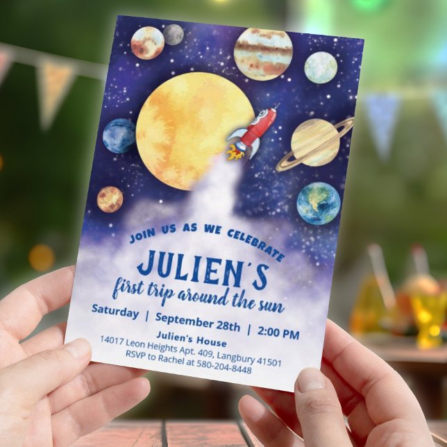 Convite para Planeta Espacial do Bebê Primeira Fes (First Trip Around The Sun | Baby's First Birthday Invitation | Space, Planets, Solar System)