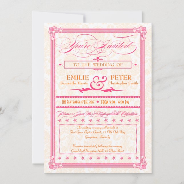 Convite para Poster de Damasco Rosa & Laranja & Co (Frente)