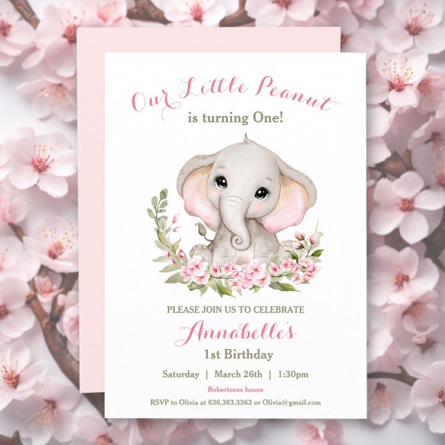 Convite para Primavera de Elefante Rosa (Elephant Pink Spring 1st Birthday Girl Invitation)