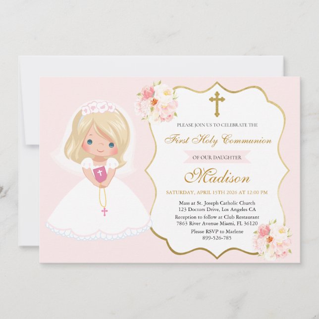 Convite para Primeira Comunhão da Menina Rosa Suav (Frente)