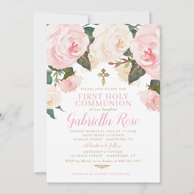 Convite para Primeira Comunhão, Floral Rosa Dourad (Frente)