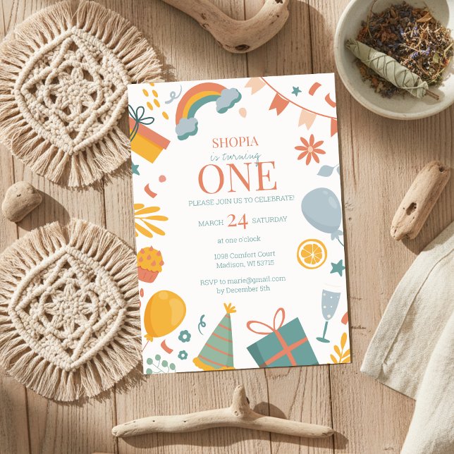 Convite para primeiro aniversario Colorido de Port (Criador carregado)