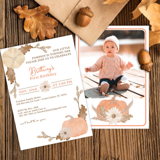 Convite para primeiro aniversario de Abóbora de Aq (Gender Neutral Our Little Pumpkin Photo Birthday Party Invitation)