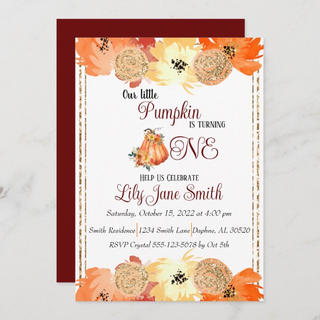 Convite para primeiro aniversario de Abóbora Flora (Frente/Verso)