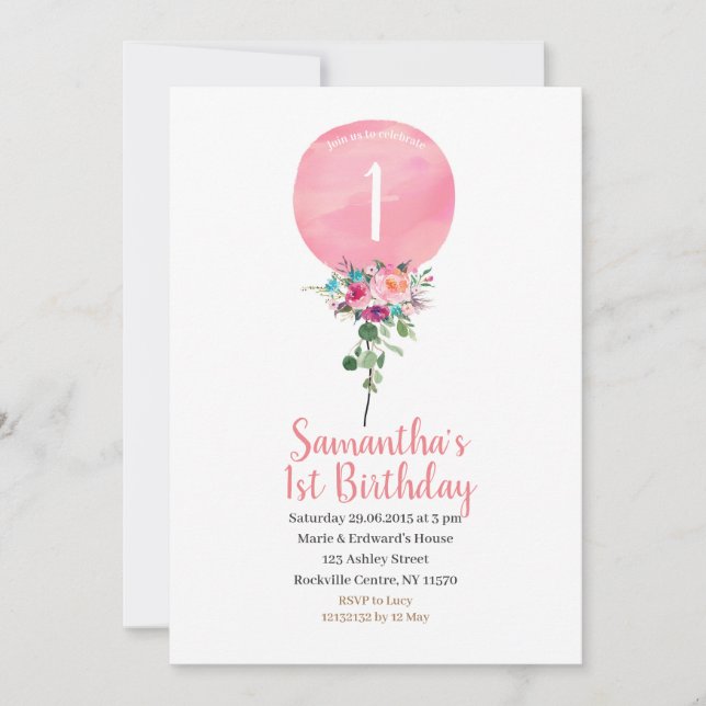 Convite para primeiro aniversario de Balões Rosa (Frente)