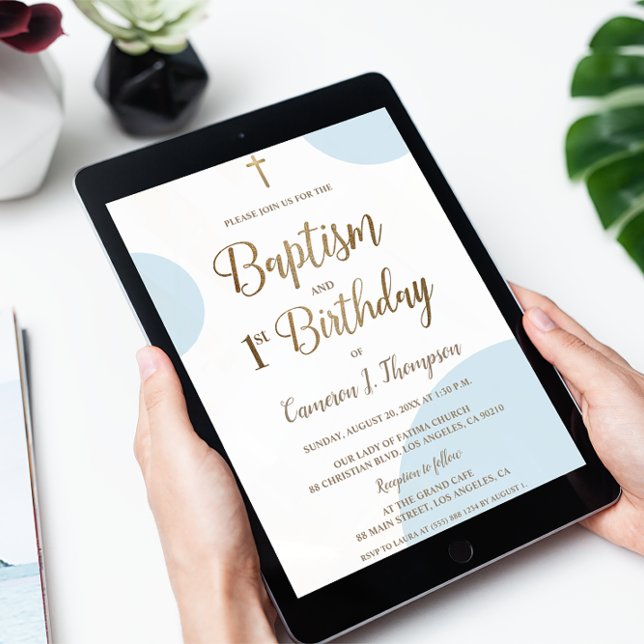 Convite para primeiro aniversario de Batismo Doura (Digital Baptism and 1st birthday invitation template, blue and gold design.)
