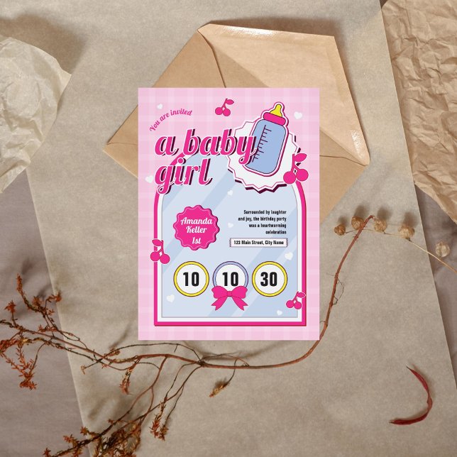 Convite para primeiro aniversario de Bebê Rosa (Criador carregado)