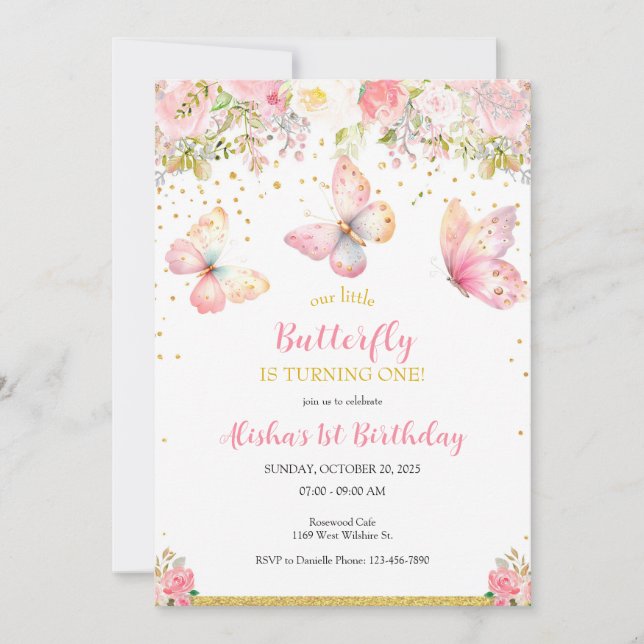 Convite para primeiro aniversario de borboleta ros (Frente)