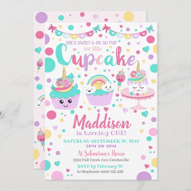 Convite para primeiro aniversario de Cupcake - Cup (Frente/Verso)