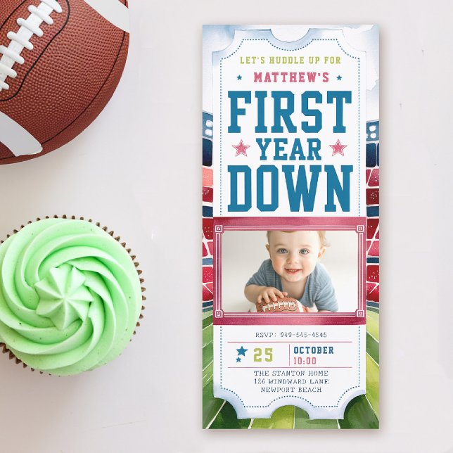 Convite para primeiro aniversario de Fotografias d (first year down football birthday invitation photo watercolor sports ticket boy blue red green)