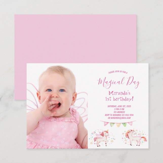 Convite para primeiro aniversario de fotos Unicorn (Frente/Verso)