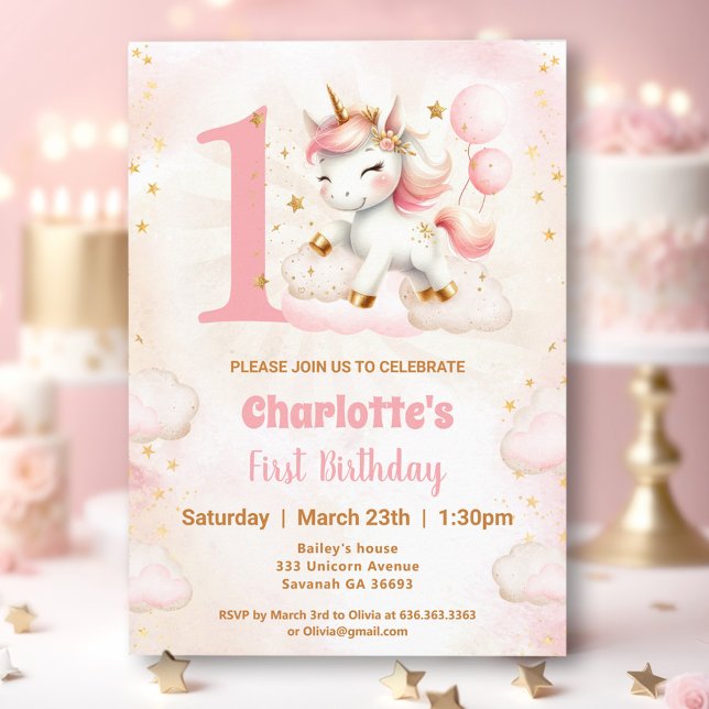 Convite para primeiro aniversario de Garota do Uni (Pink Cute Unicorn Girl 1st Birthday Invitation)