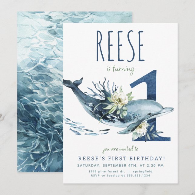 Convite para primeiro aniversario de golfinhos (Frente/Verso)