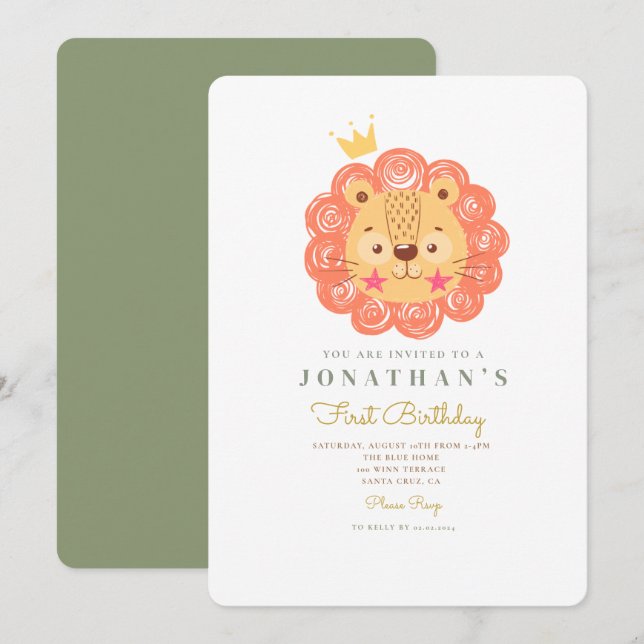 Convite para primeiro aniversario de Leão de Cute  (Frente/Verso)
