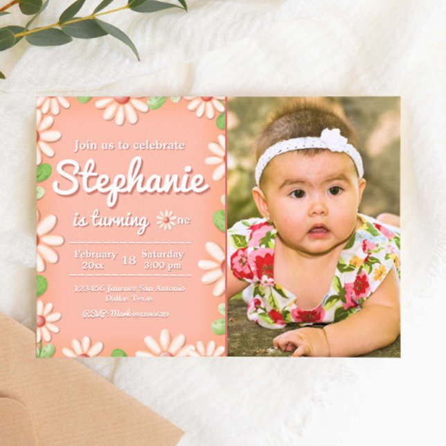 Convite para primeiro aniversario de margarida com (Daisy 1st Birthday Girl Landscape Invitation with Photo Picture
)